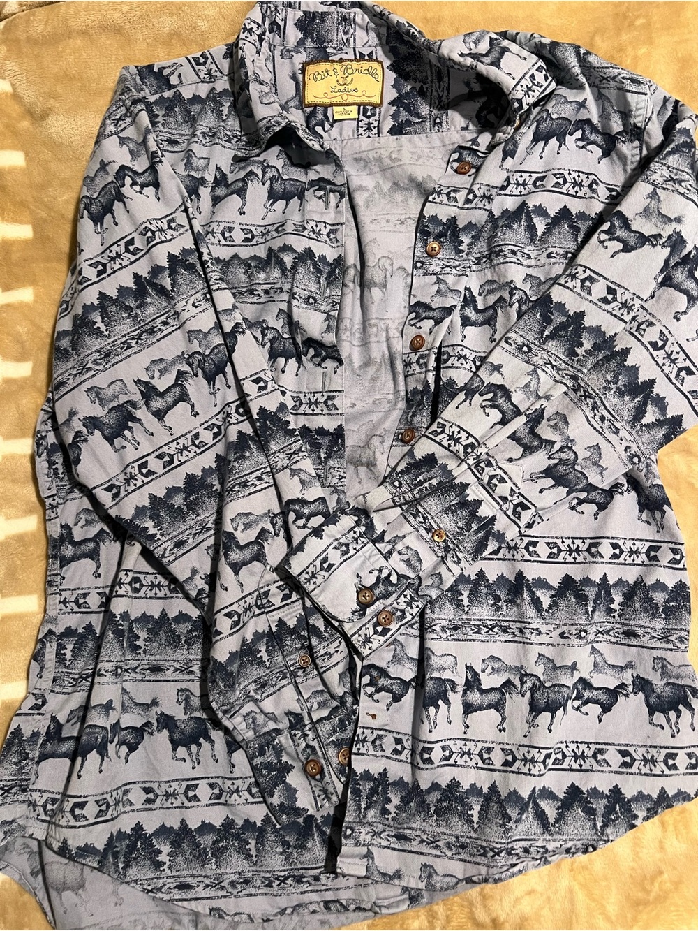 Women’s Blue Horse-Print Button-Up Shirt